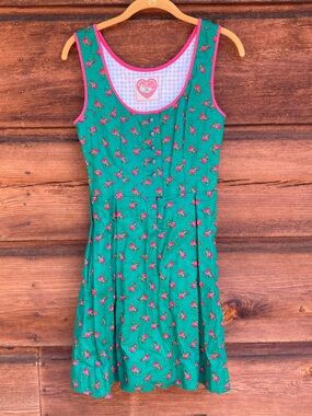 Green Floral Sleeveless Mini Dress with Pink Trim